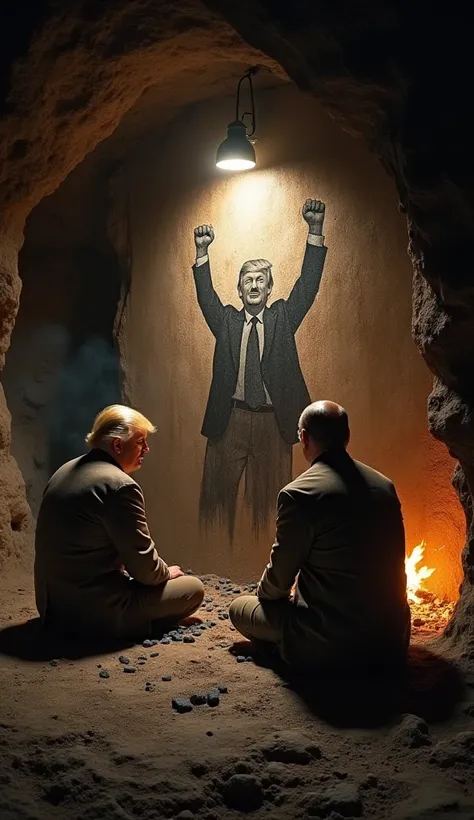 Trump and Putin inside a cave, sitting on the ground, using charcoal to draw on the cave wall. The drawing depicts Trump triumphing in a political victory. The atmosphere is dark, lit by firelight, with rough, stone walls. Caveman era."