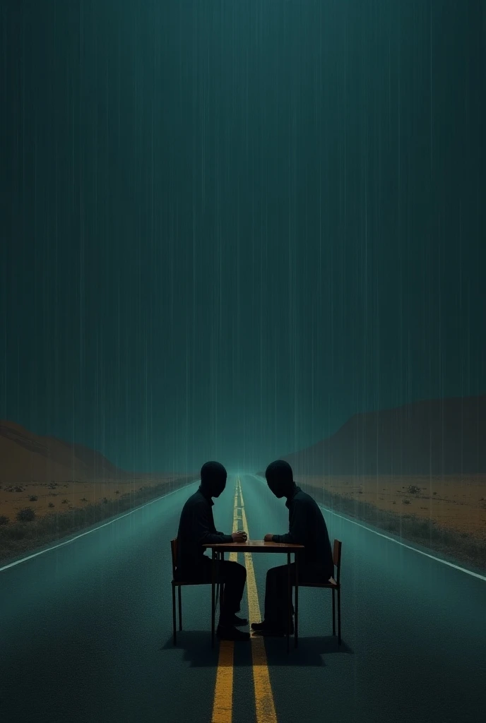 2 featureless people sitting at a table eating in the middle of a highway in the desert at night in the rain