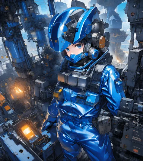  blue enamel shiny boiler suit,The background is complex and precise machinery and equipment、 control panel 、 young girl、 Rubber Suit 、Mecha Head、 full mask 、Fully equipped、Girl wearing gloves in thick mechanical armor 