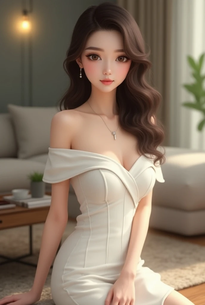 ( super real ), (shape), ( Hi-Res), (8k), ( very detailed), (Best shape), (Big beautiful double eyelids), (Best Quality), ( very detailedな), (masterpiece), (wallpaper), ( detailed face), Sofa with living room table ~On、 summary hair 、Earrings、Underarm, thi...