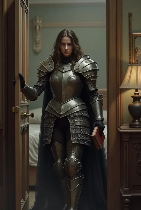 I want a large image where the woman appears from Costa she is in front of a bedroom door the door is between open she has her hand on the handle opening the door in the other hand she is holding a Bible she is dressed in war armor