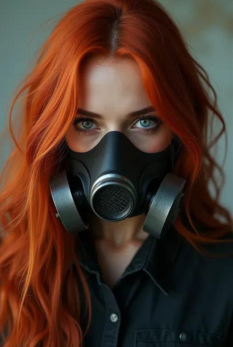 (Photorealism:1.2) Sexy russian model with fire red hair posing in a gasmask