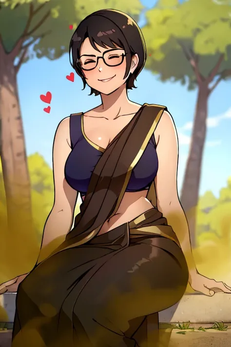 solo,1girl,black hair ,brown eyes ,pixie cut hair, hair bang, wearing saree, wearing glasses, skinny body, sitting by a tree, leaning on tree, farting, massive fart, blushing, closed eyes, relieved face, smiling, heart signs 