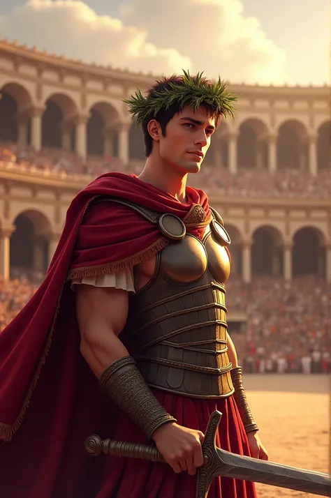 Best Quality,  masterpiece,  highest resolution，Commodus， (Roman Emperor) ，laurel wreath head, （Roman gladiator） ，（Arena_background），Slash with a sword ，Young Man， Anime Style , （4K）, Alone， ((whole body)) ，  looking at the camera,  hyper-detail, ( intrica...