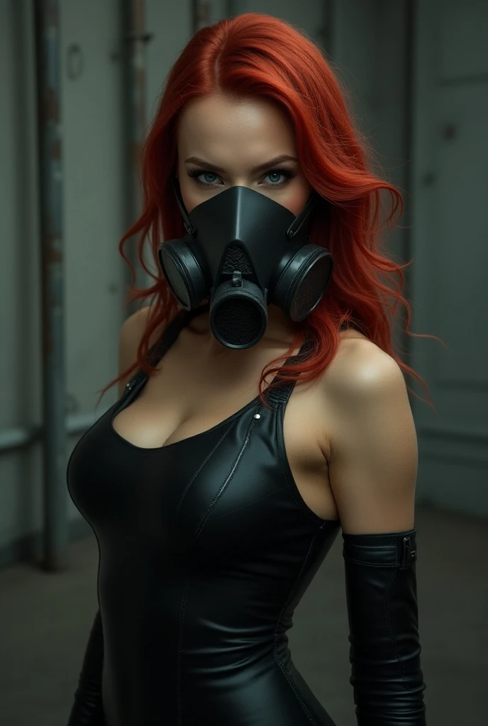 (Photorealism:1.2) Sexy russian dominant woman model with fire red hair posing in a gasmask