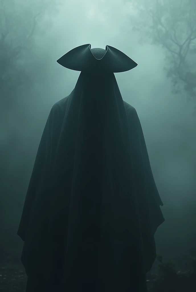 A entity walking out of shadow and fog holding his pirate hat on his head
