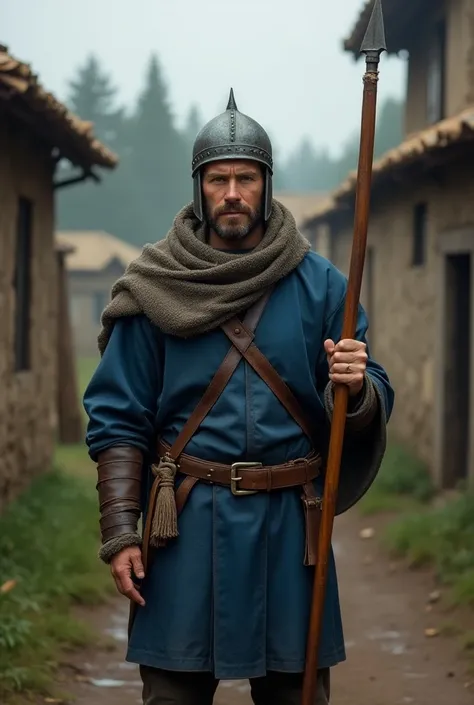 A warrior from the Middle Ages wearing a blue leather tunic and a small iron helmet, he is carrying a spear and is waiting at the door of a village, he looks ahead.