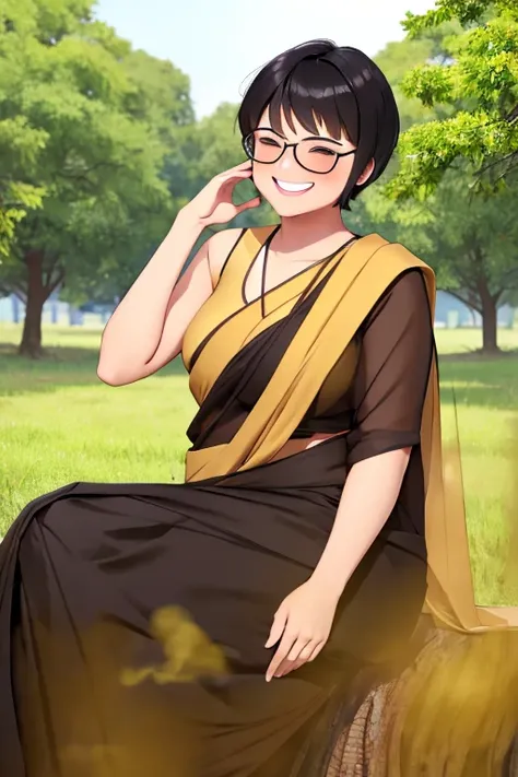 solo,1girl,black hair ,brown eyes ,pixie cut hair, hair bang, wearing saree, wearing glasses, skinny body, sitting by a tree, leaning on tree, farting, massive fart, blushing, closed eyes, relieved face, smiling, heart signs 