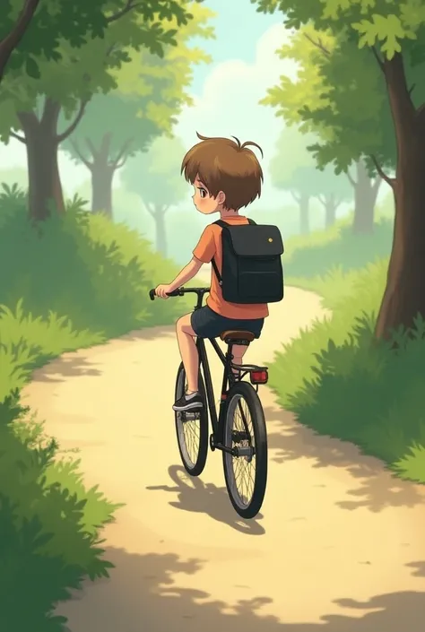 Side view of cute short haired girl riding bike with black backpack