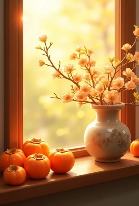 Persimmon Ruyi，Using persimmons to indicate good fortune， There should be no characters in the picture，Mainly persimmons ，vase，Sunlight，windowsill