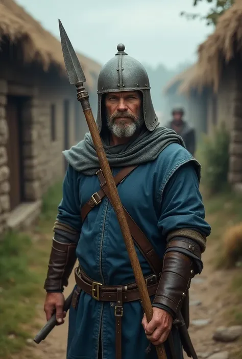 A warrior from the Middle Ages wearing a blue leather tunic and a small iron helmet, he is carrying a spear and is waiting at the door of a village, he looks ahead.