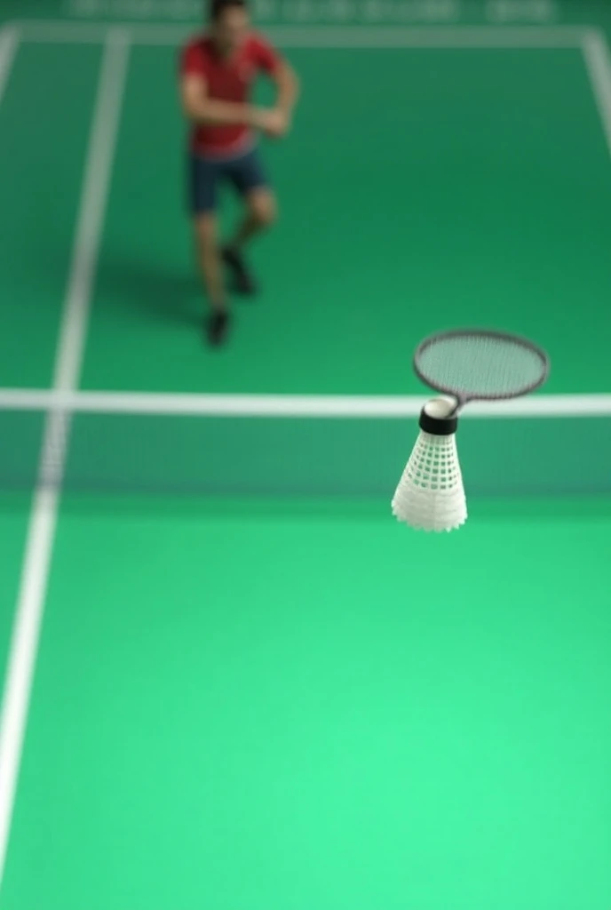 player trying to serve the shuttlecock using badminton racket to the hula hopp at the surface of badminton court across the net