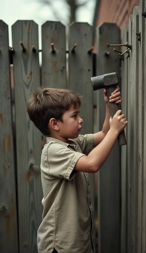 4. Scene 4: Boy Hammering Nails into the Fence

The boy hammers nails into the wooden fence, with a serious look on his face. The fence now has several nails hammered in at random spots. The boy’s expression shows he is releasing his anger with each strike...