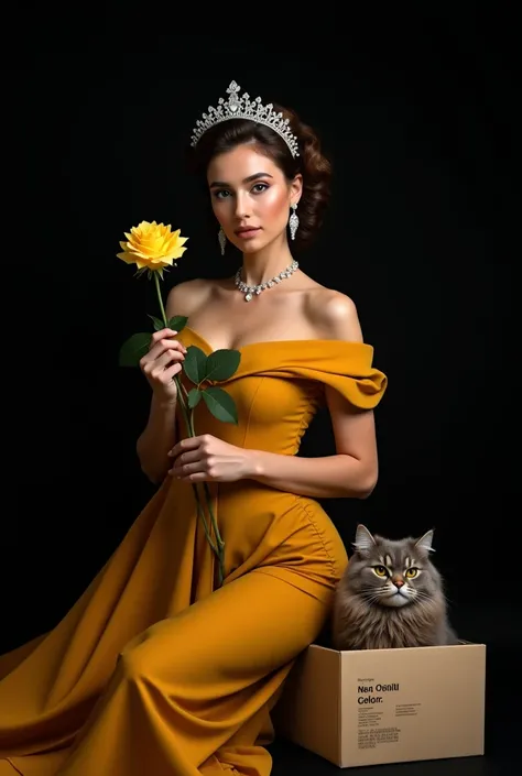 portrait of a 30 year old woman wearing a tight mustard-colored dress and a white crown. with a beautiful hairstyle. She is holding a yellow rose and next to her there is a gift containing an adorable, bushy-haired Angora cat. and there is a pamphlet with ...