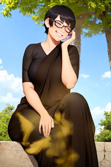 solo,1girl,black hair ,brown eyes ,pixie cut hair, hair bang, wearing saree, wearing glasses, skinny body, sitting by a tree, leaning on tree, farting, massive fart, blushing, closed eyes, relieved face, smiling, heart signs 