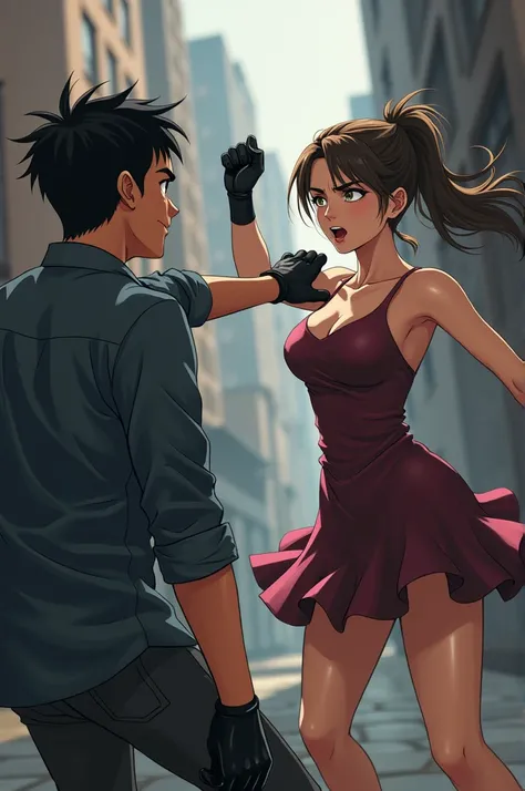 A female student wearing a short dress wears leather gloves and hits a man