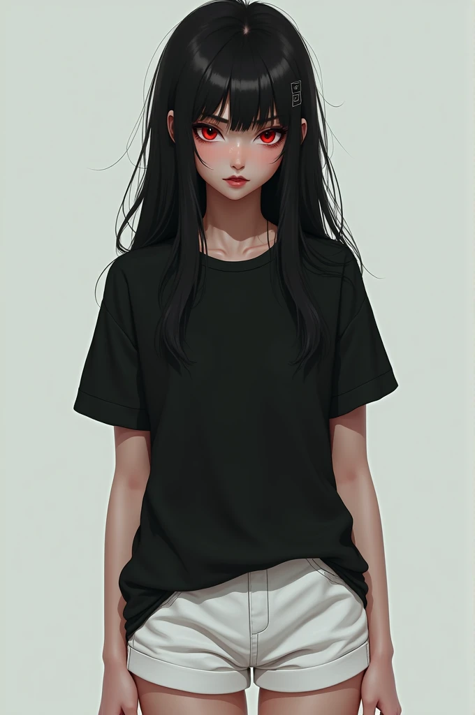 Create image 1girl with red eyes, black long hair, black T-shirt, White shorts, white shoes