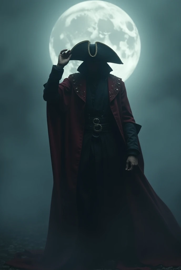 A entity walking out of shadow and fog holding his pirate hat on his head with red and block cloth with moon on top of red colour in the background
