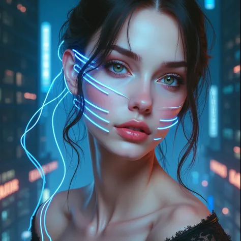 a beautiful russian girl on the right side of the picture, cleavage, dark cyberpunk city background, half of her face shows blue glowing wires like a terminator