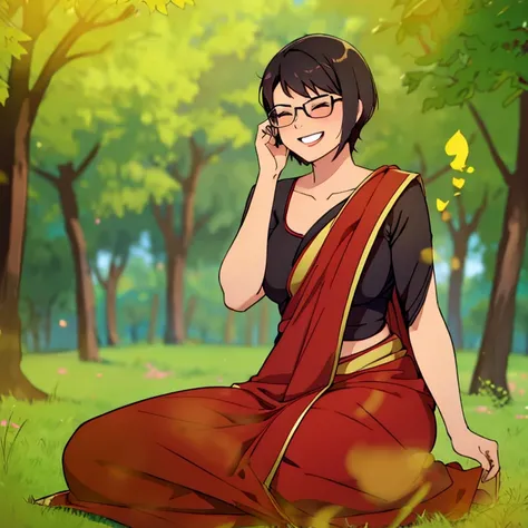 solo,1girl,black hair ,brown eyes ,pixie cut hair, hair bang, wearing saree, wearing glasses, skinny body, sitting by a tree, farting, massive fart, blushing, closed eyes, relieved face, smiling