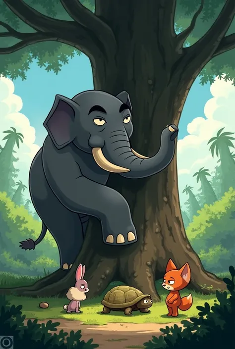 Animated image of a elephant moving the tree through his trunk under the tree rabbit turtle and a fox are in danger 