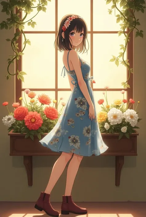 In front of a glass window in a realistic anime-style sepia-colored wall, there is a flowerbed case, and large and small red, white, and yellow flowers are blooming all over the flowerbed and the wall. In front of the window, a very beautiful and sexy 16-y...