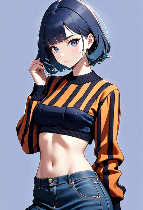 (masterpiece, best quality:1.1), (ultra highres, ultra-detailed:1.2),A stylish, attractive girl wearing a Sonia Rykiel-inspired Poor Boy Sweater in a cropped,beautiful navel, form-fitting design that accentuates her silhouette and reveals her midriff.novem...