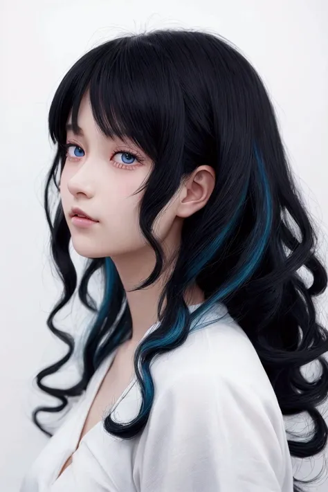  black hair, Anime, Ghibli, Anime style,  close, from side, First Person View, 8k, Super detailed, masterpiece,Super detailed,  High Quality ,  Hi-Res,  high detail, White background,  face details, happiness,  curly hair,  blue eyes