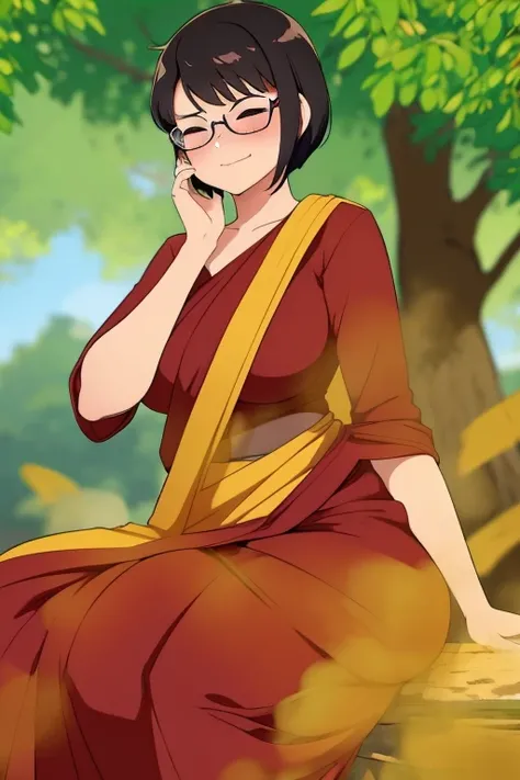 solo,1girl,black hair ,brown eyes ,pixie cut hair, hair bang, wearing saree, wearing glasses, skinny body, sitting by a tree, farting, massive fart, blushing, closed eyes, relieved face