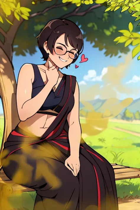 solo,1girl,black hair ,brown eyes ,pixie cut hair, hair bang, wearing saree, wearing glasses, skinny body, sitting by a tree, leaning on tree, farting, massive fart, blushing, closed eyes, relieved face, smiling, heart signs 