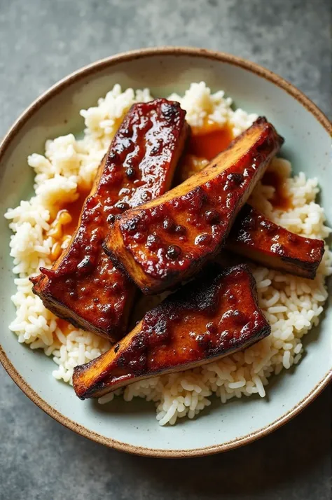 You need an image of a plate of food that has creamy white rice and some pork ribs seen from above that dont look so professional