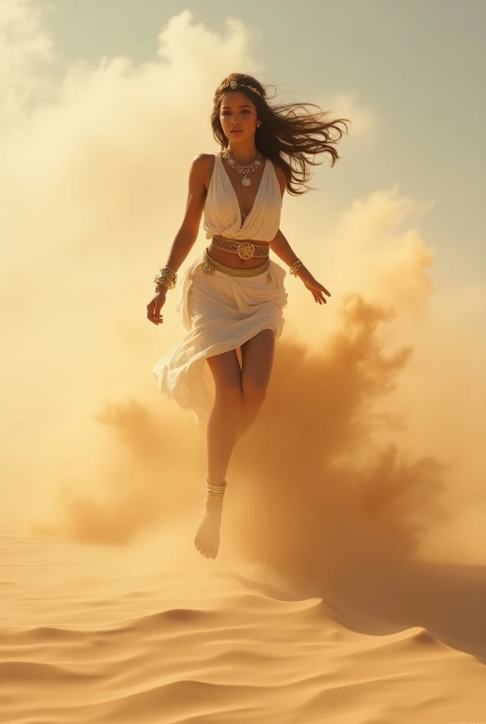 Sandstorm、Beautiful girl jumping、  ancient Greek costume 、 Luxury accessories 