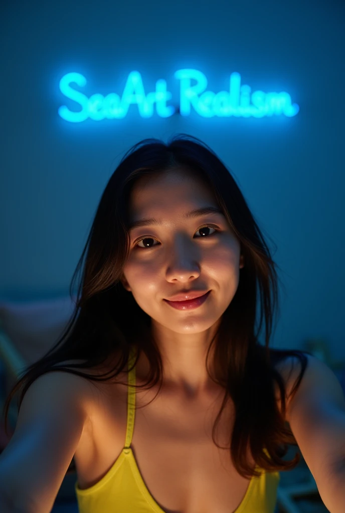 at empty dark room with background above her big neon blue light that read "SeaArt Realism" . a pov of taking an instagram selfie a young japanese woman ,without make up, slight smile with slight open mouth , cute pose, she has long hair, wearing yellow th...