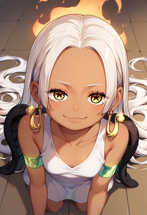 UHD, retina, textured skin, high details, high quality, best quality,  highres icon, 1080P, HD, 16k、1 Girl,Earthsnake , Long Hair, white hair, Brown Skin、,  earrings for a woman alone, Yellow Eyes, symbol-shaped pupils,  black wings  ,  small breasts.  sun...