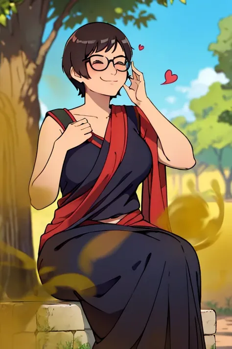 solo,1girl,black hair ,brown eyes ,pixie cut hair, hair bang, wearing saree, wearing glasses, skinny body, sitting by a tree, leaning on tree, farting, massive fart, blushing, closed eyes, relieved face, smiling, heart signs , fart effects