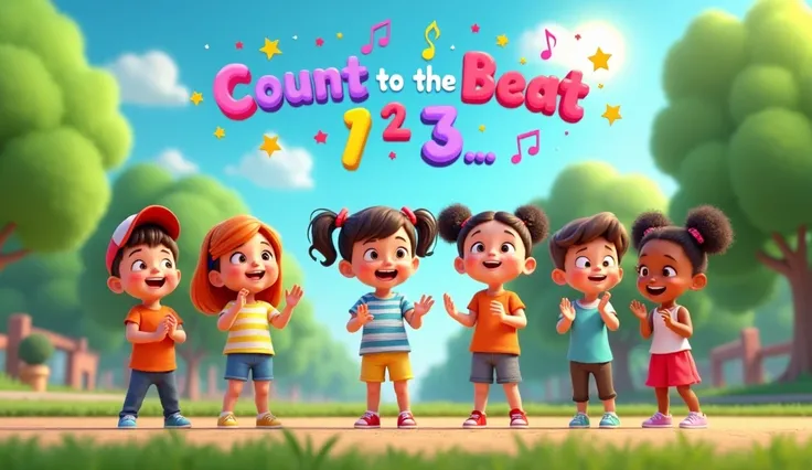 For the cover page of "Count to the Beat," imagine a bright, cheerful Disney Pixar-style 3D scene featuring a group of happy, diverse s aged 3-7. They’re standing in a colorful park, all clapping their hands or stomping their feet in sync, smiling and laug...