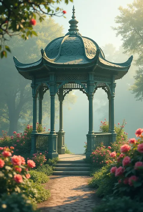 gazebo in the garden,  narrow carving, , blooming garden, light mist , softness,  maximum detail 