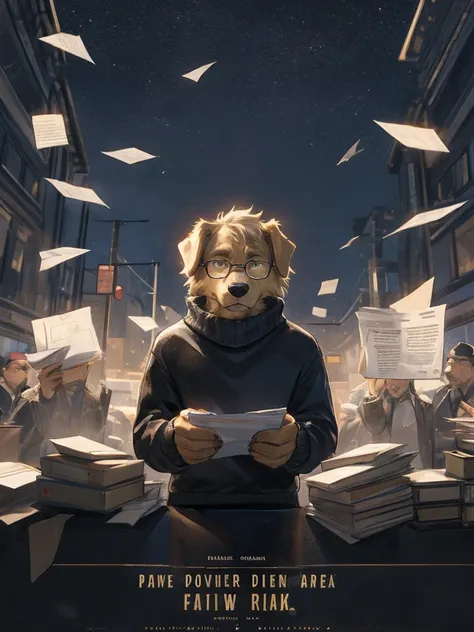 furry, furry golden retriever, serious expression, black sweater, black pants, rectangular eyeglasses, gray cloudy sky background, piece of papers falling down above him, gray road background, movie poster (title is "Fortnight"), sfw