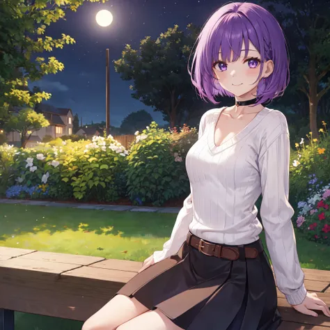  1 girl, Purple Hair, Bob Hair,  medium breasts,white v-neck sweater,The perfect sweater, black skirt,Black belt, black choker,Slanted Eyes,Light purple eyes, close your mouth, smile, happiness/joy,  sitting on a bench , Hi-Res,  simple background, garden,...