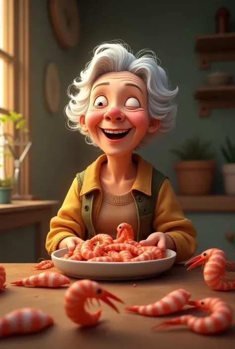 naked granny smiles with shrimps