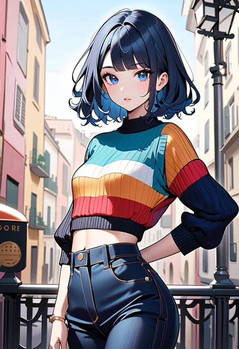 (masterpiece, best quality:1.1), (ultra highres, ultra-detailed:1.2),A stylish, attractive girl wearing a Sonia Rykiel-inspired Poor Boy Sweater in a cropped,beautiful navel, form-fitting design that accentuates her silhouette and reveals her midriff.novem...