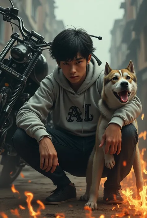 This is a stylized image depicting a young man, AL, crouching between a dog a husky and a Philippine eagle flying. Hes wearing a grey hoodie with his name.  A powerful motorcycle is behind him, and flames are subtly present at the base of the scene, adding...