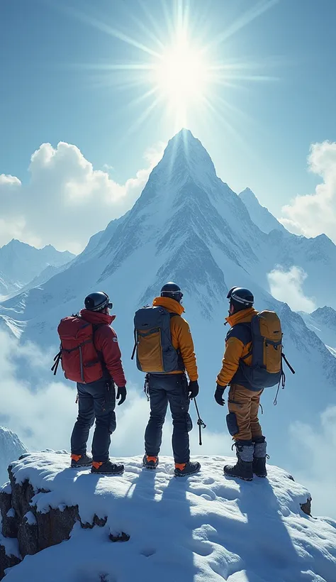 3 climber standing on snow mountain top, wave to jesus above
