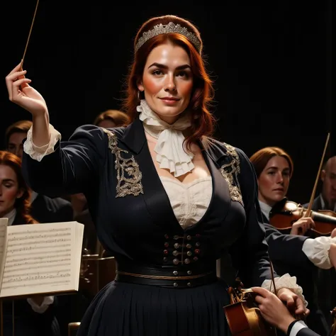 Photorealistic picture from the side, featuring a woman conducting a philharmonic orchestra. (dynamic pose:1.5) Black background. She is standing on a pedestal with a conductors baton in hand. Note stand, sheet music. She is wearing a 1700s century outfit,...