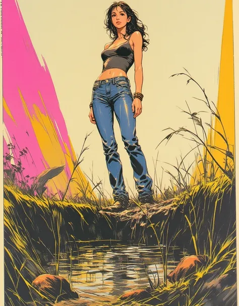 90s glamour magazine article, with illustration, tight jeans, woman drowning standing in  mud bog pit, attention-grabbing, sensation, abstract background, 