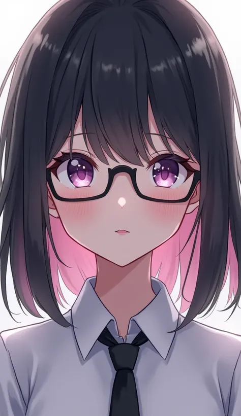 a girl with black hair and glasses in school uniform, in the style of dark purple and light silver, light white and dark gray, anime-inspired portraits, 8k uhd, glasses, black hair, necktie, multicolored hair, shirt, collared shirt, white shirt, bangs, med...