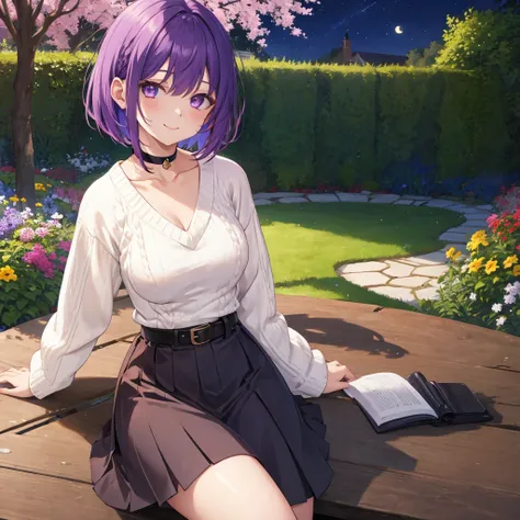  1 girl, Purple Hair, Bob Hair,  medium breasts,white v-neck sweater,The perfect sweater, black skirt,Black belt, black choker,Slanted Eyes,Light purple eyes, close your mouth, smile, happiness/joy,  sitting on a bench , Hi-Res,  simple background, garden,...