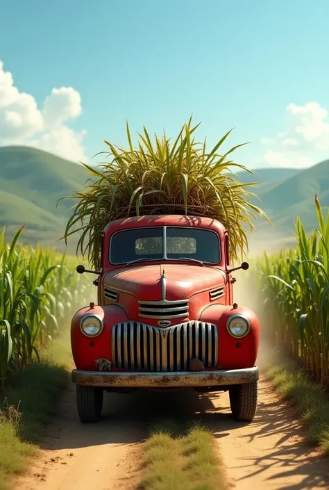 A red truck carrying sugar cane on the road surrounded by a beautiful field around it 