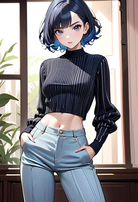 (masterpiece, best quality:1.1), (ultra highres, ultra-detailed:1.2),A stylish, attractive girl wearing a Sonia Rykiel-inspired Poor Boy Sweater in a cropped,navel,beautiful navel, form-fitting design that accentuates her silhouette and reveals her midriff...