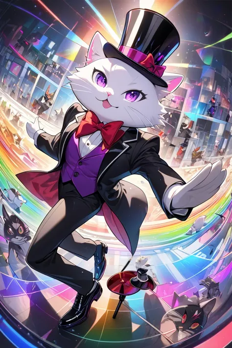 High quality, 4k quality, RAW, fisheye lens, birds-eye view, drawing a cat character with the following conditions: looking into the lens from the left eye, purple eyes, top hat, tuxedo, patent leather shoes, red bow tie, black cane, top hat, tap dancing h...